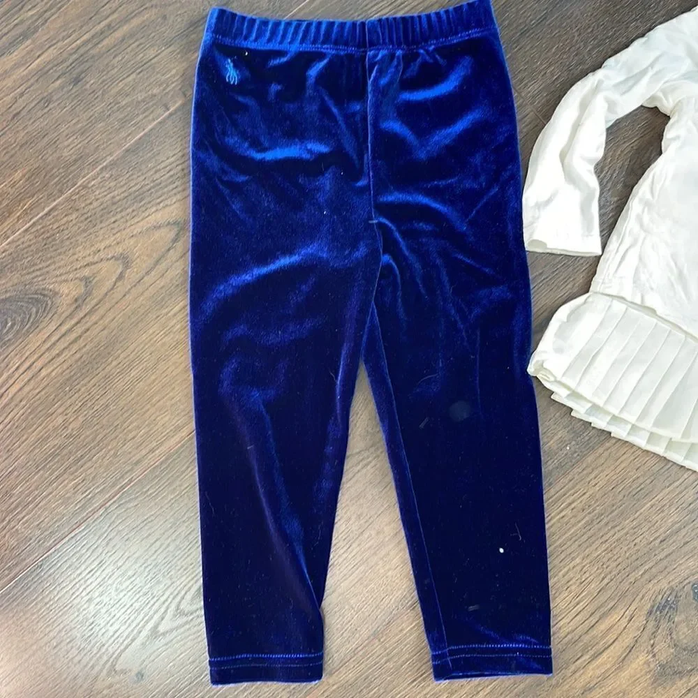 EUC Ralph Lauren Holiday Set Bottom Set Blue Velvet Leggings + Ivory Pleated Top